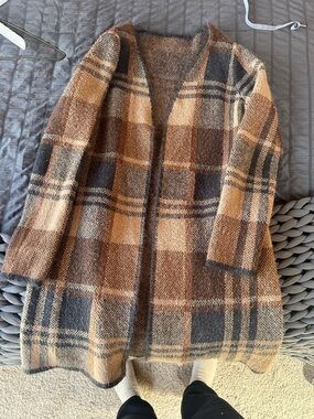 Womens Plaid Open-Front Long Coatigan - Brown Multi